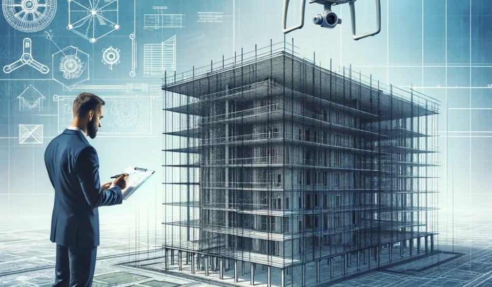 A imagem demonstra um profissional fazendo uma vistoria num edifício, utilizando novas técnologias para depois elaborar um Laudo Técnico em São Paulo