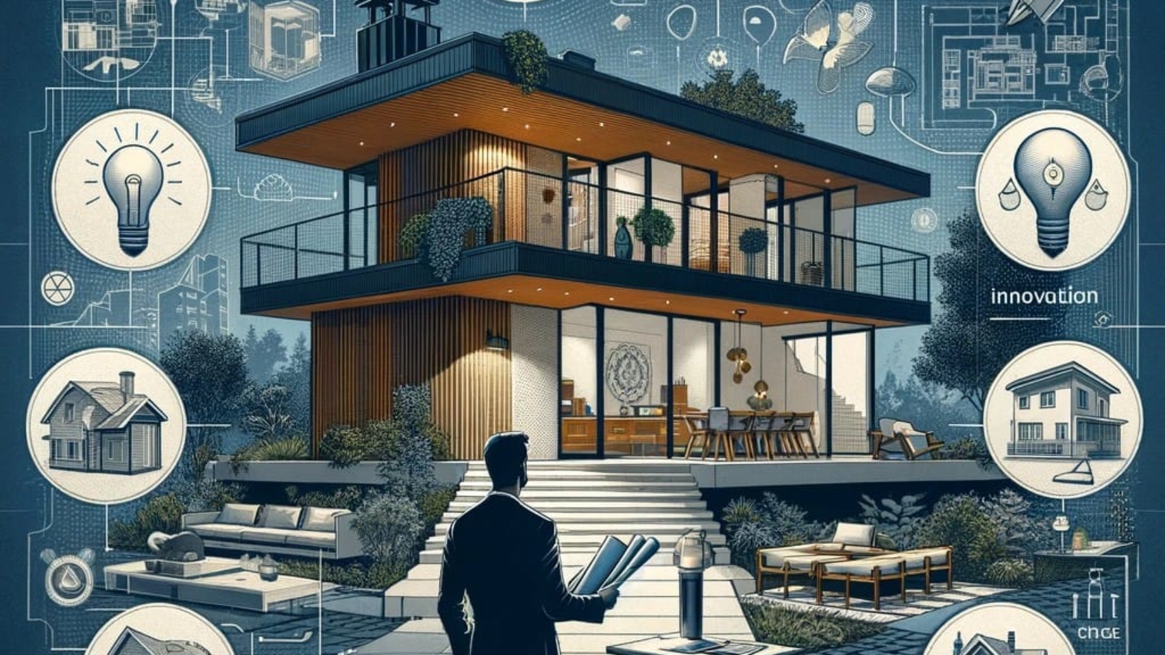 A imagem demonstra um arquiteto especialista em construção civil na plenitude da sua função, levando em consideração todos os aspectos para projetar uma casa linda e funcional
