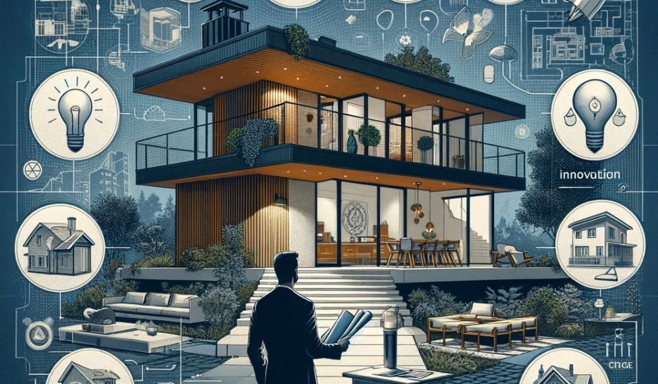 A imagem demonstra um arquiteto especialista em construção civil na plenitude da sua função, levando em consideração todos os aspectos para projetar uma casa linda e funcional